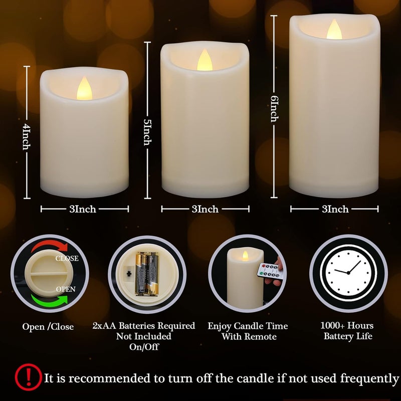 7LinRay Store Flameless Flickering Candles with Remote and Timers, 1000 Hours Waterproof Outdoor Indoor Battery Operated LED Pillar Candles, Ivory Plastic, Set of 3(D 3" x H 4" 5" 6") - Image 2